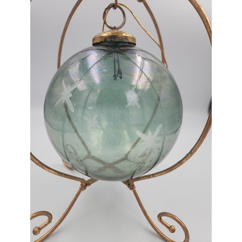 Vintage Blue/Green round Kugel Style Etched star Glass large Christmas Ornament